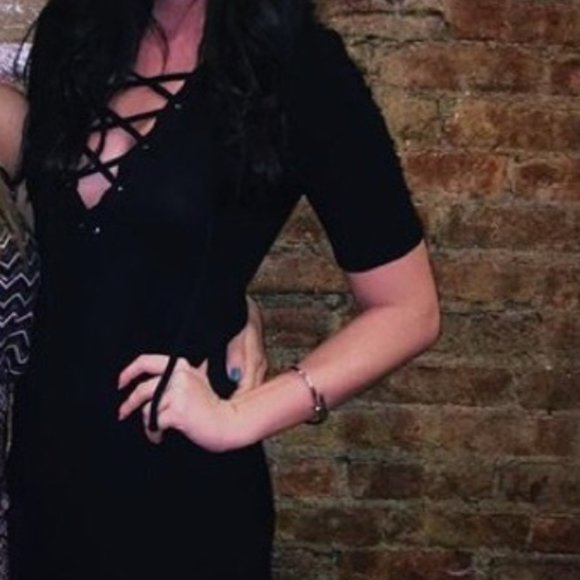 Topshop Petite Ribbed Lace Up Front Dress (Black) - Picture 2 of 2